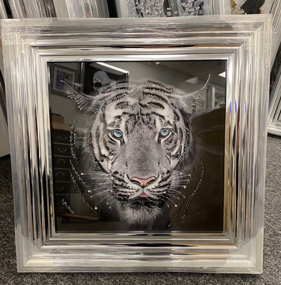 Mirror framed "Tiger Pose" Wall Art in a chrome stepped frame  55cm x 55cm