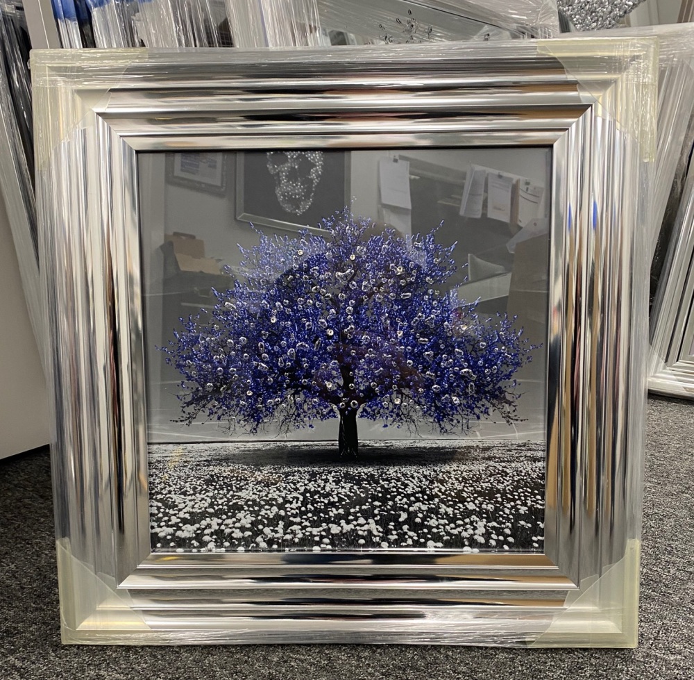 "Glitter Sparkle Blossom Tree Violet Blue " in a silver Stepped chrome Frame 55cm x 55cm