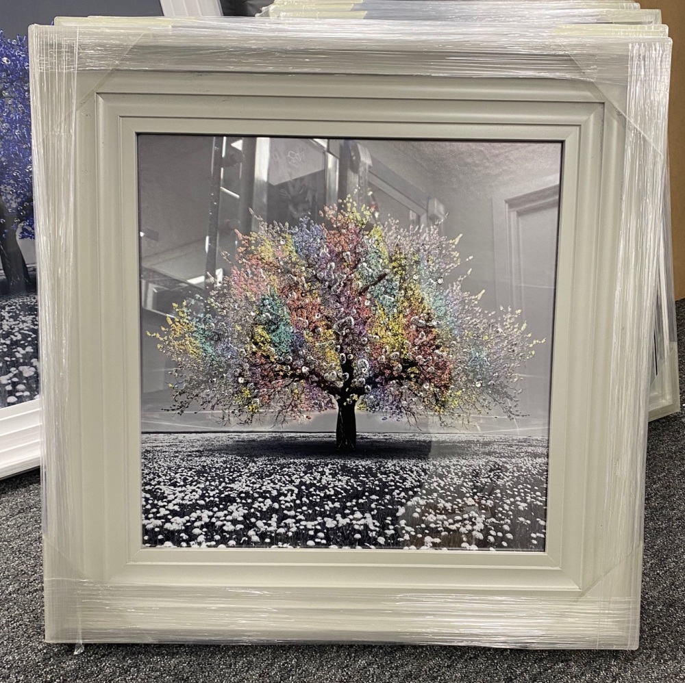 "Glitter Sparkle Blossom Tree multi colour " in a light grey Stepped Frame 55cm x 55cm