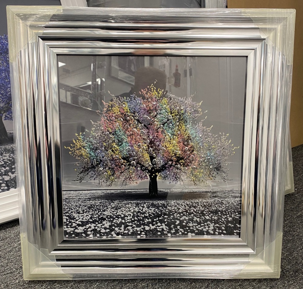"Glitter Sparkle Blossom Tree multi colour " in a chrome Stepped Frame 55cm x 55cm