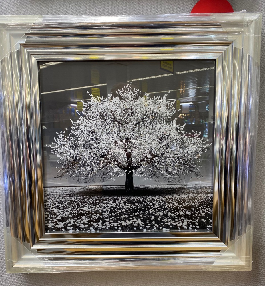 "Glitter Sparkle Blossom Tree White" in a silver Stepped Frame 55cm x 55cm