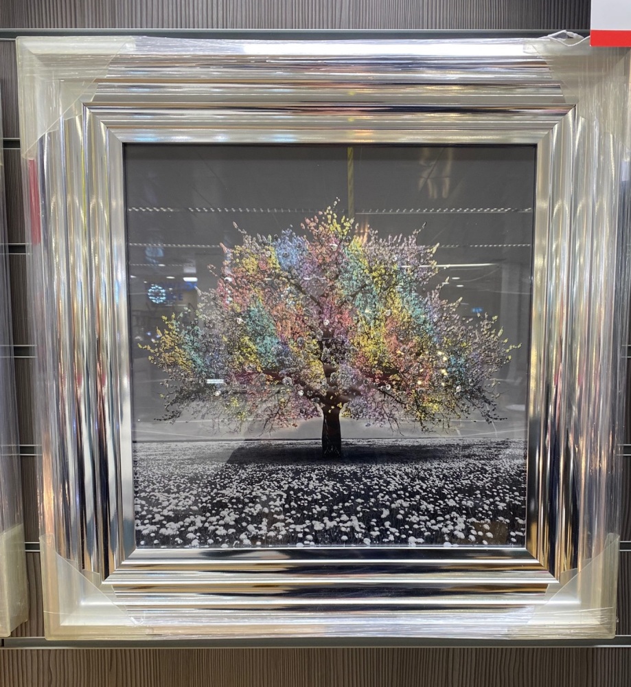Glitter Sparkle Blossom Tree Multi colour in a chrome silver frame  55cm x 