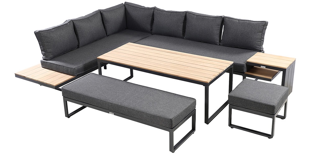 High Quality  Aluminium and Teak lounge set with Bench and Coffee Table