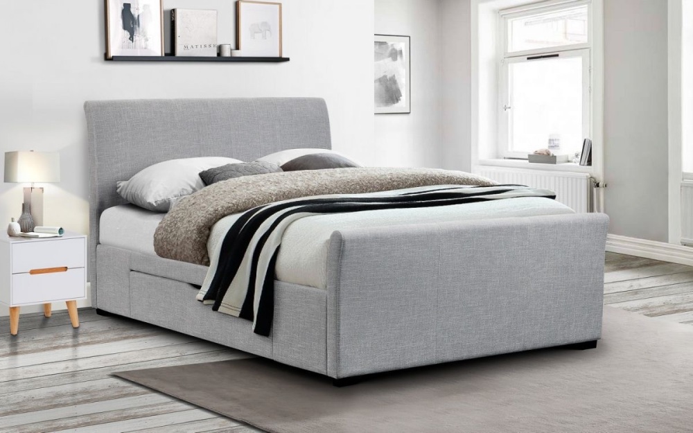 Capri Fabric Bed with 2 Drawers - Light Grey Linen 3 sizes