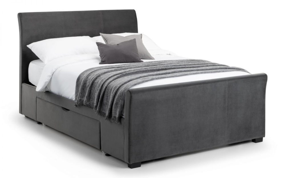 Capri Fabric Bed with 2 Drawers - Dark  Grey velvet 3 sizes