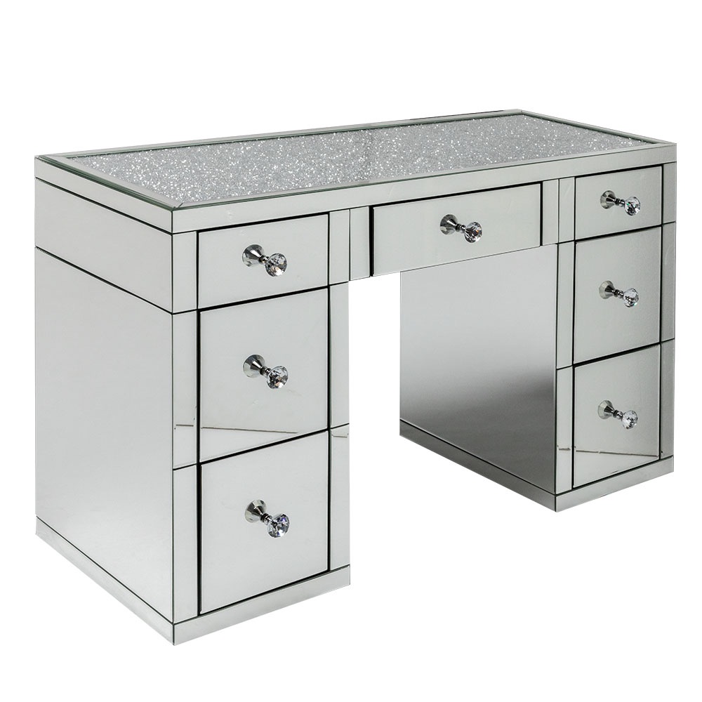 * Chelsea Diamond Crush Mirrored 7 Draw Dressing Table with a Diamond crush Top - in stock