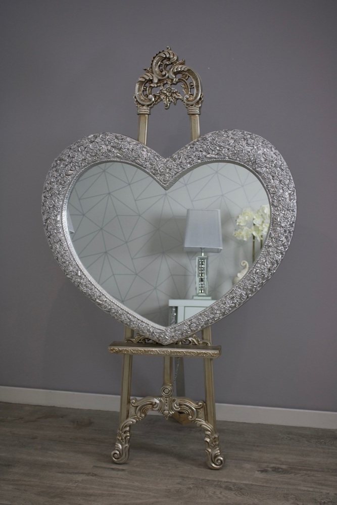 Heart Shaped Mirror with Rose Frame in Silver 92cm x 110cm
