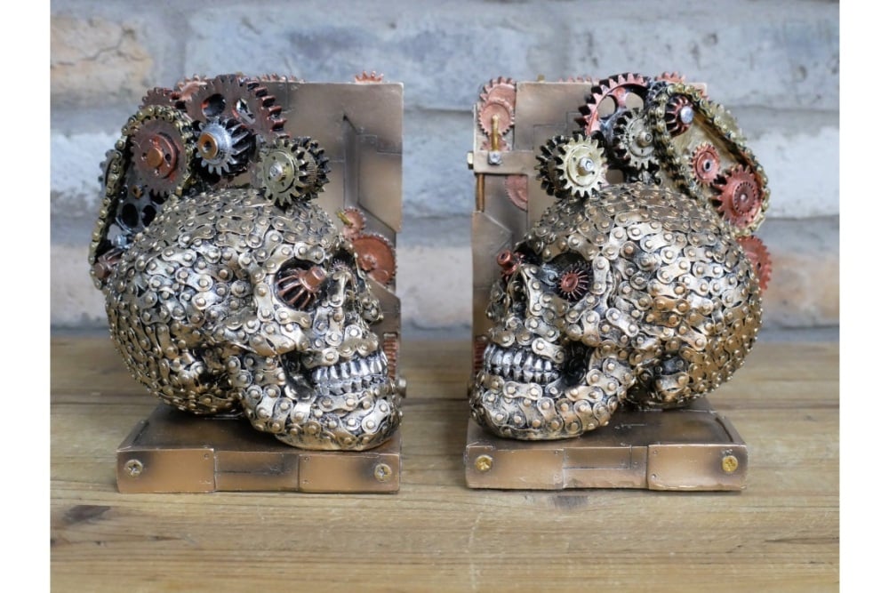 Steampunk Skull Silver Bookends