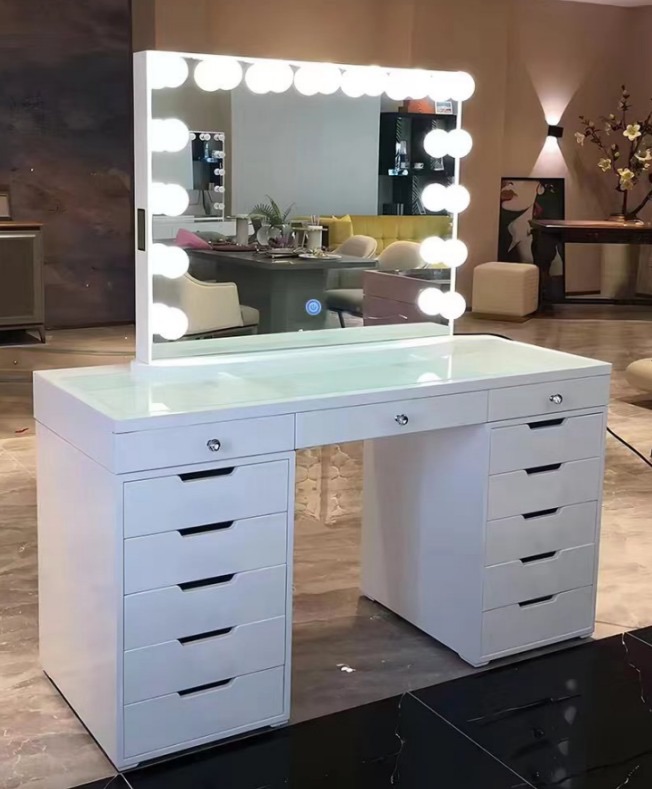 # * SPECIAL OFFER  * Toulouse White  13 Draw Dressing Table with a clear glass top &  Hollywood Mirror with bluetooth, USB Port & Bulbs LAST ONE