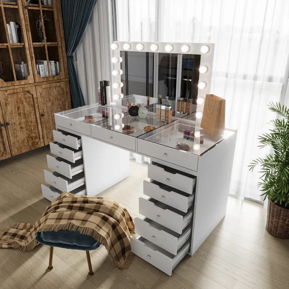 # * SPECIAL OFFER  * Toulouse White  13 Draw Dressing Table with a clear glass top &  Hollywood Mirror with bluetooth, USB Port & Bulbs LAST ONE