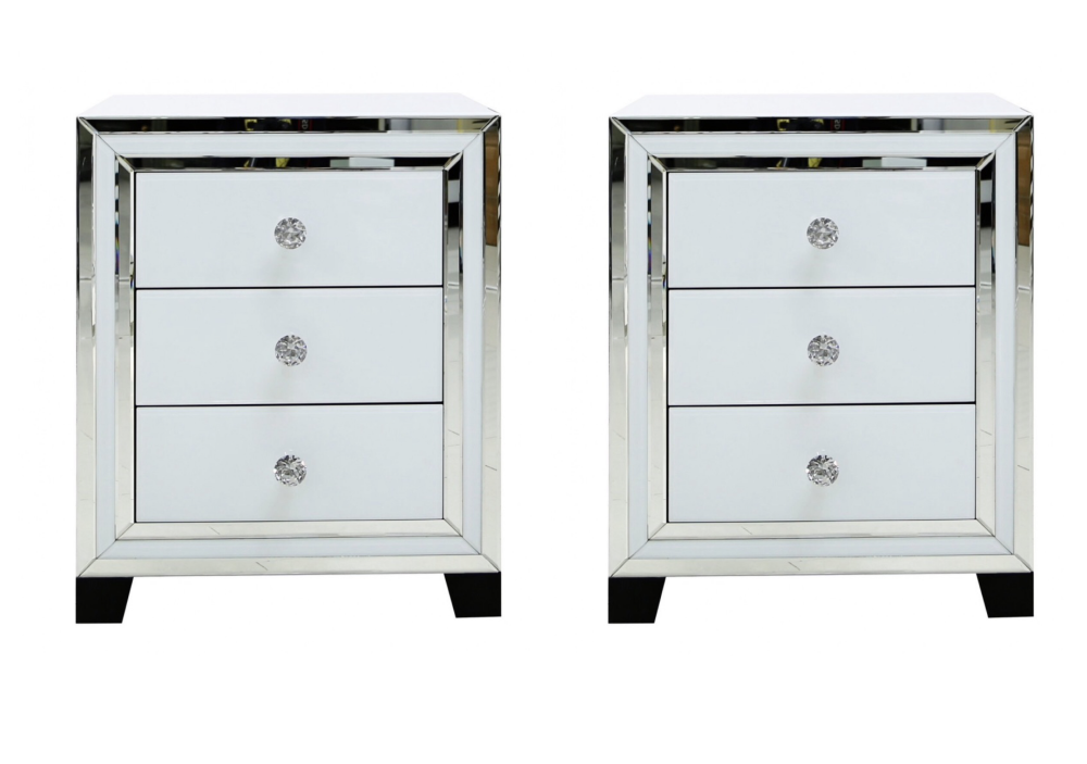 Atlanta  White Mirrored pair of 3 Draw bedside chests (x 2) IN STOCK