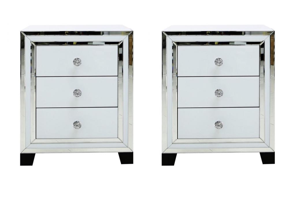 Atlanta  White Mirrored pair of 3 Draw bedside chests (x 2)