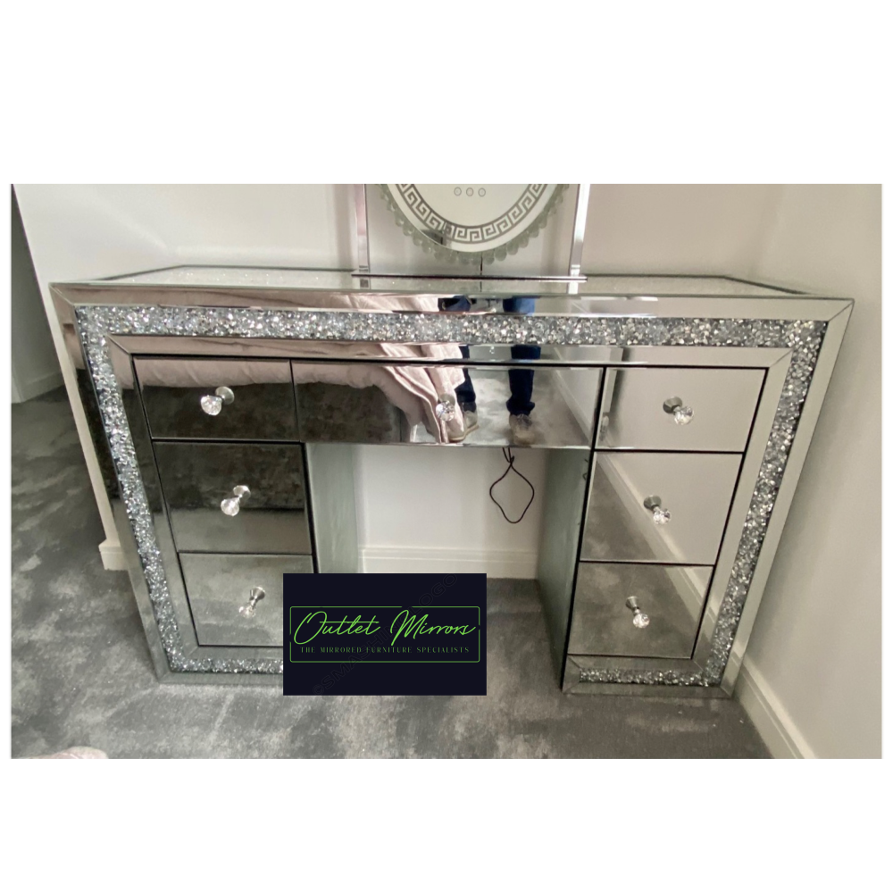 * Monica Diamond Crush Mirrored 7 Draw Dressing Table with a Diamond crush Top - PRE ORDER SPECIAL OFFER PRICE