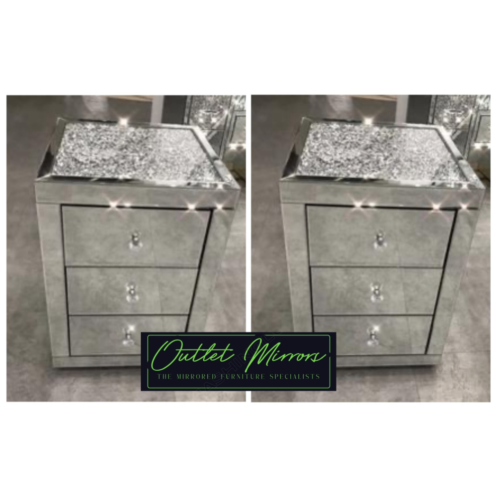* Monica Diamond Crush Mirrored Pair of  3 Draw Bedside Chest with a Diamon