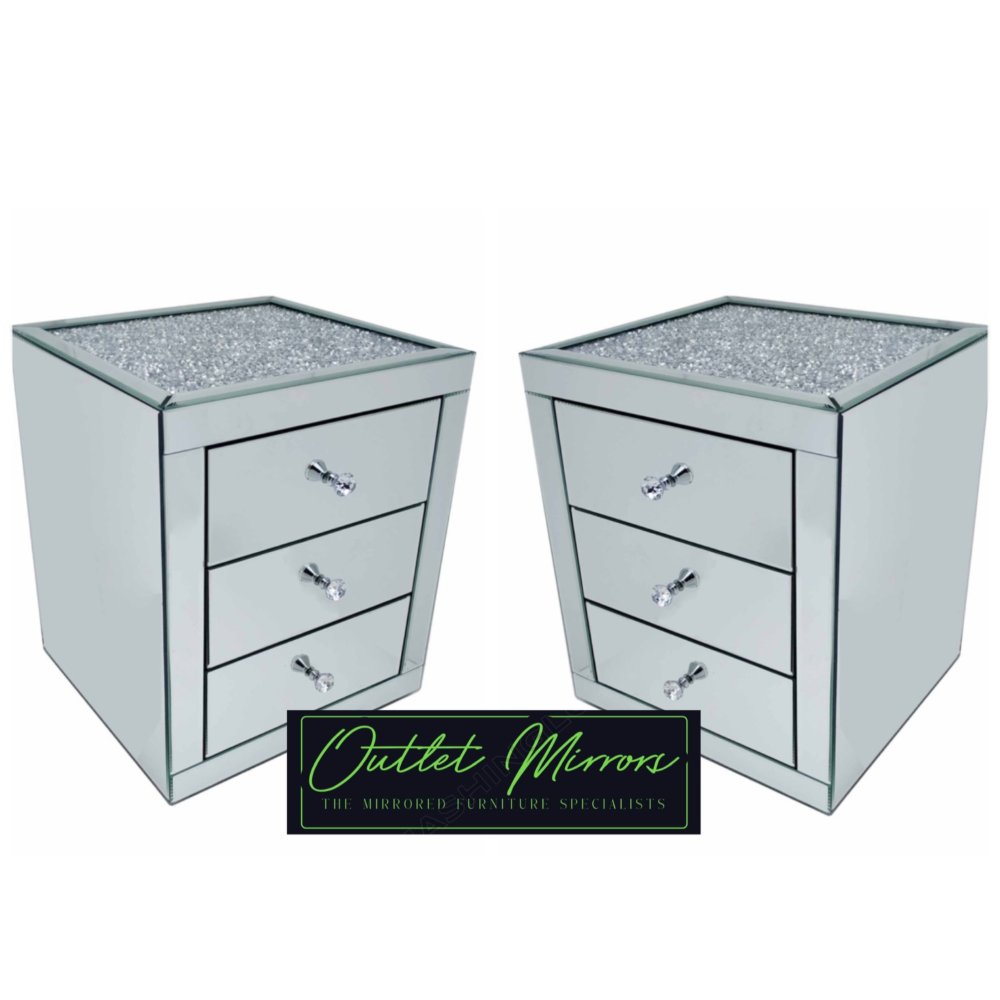 * Monica Diamond Crush Mirrored Pair of  3 Draw Bedside Chest with a Diamon