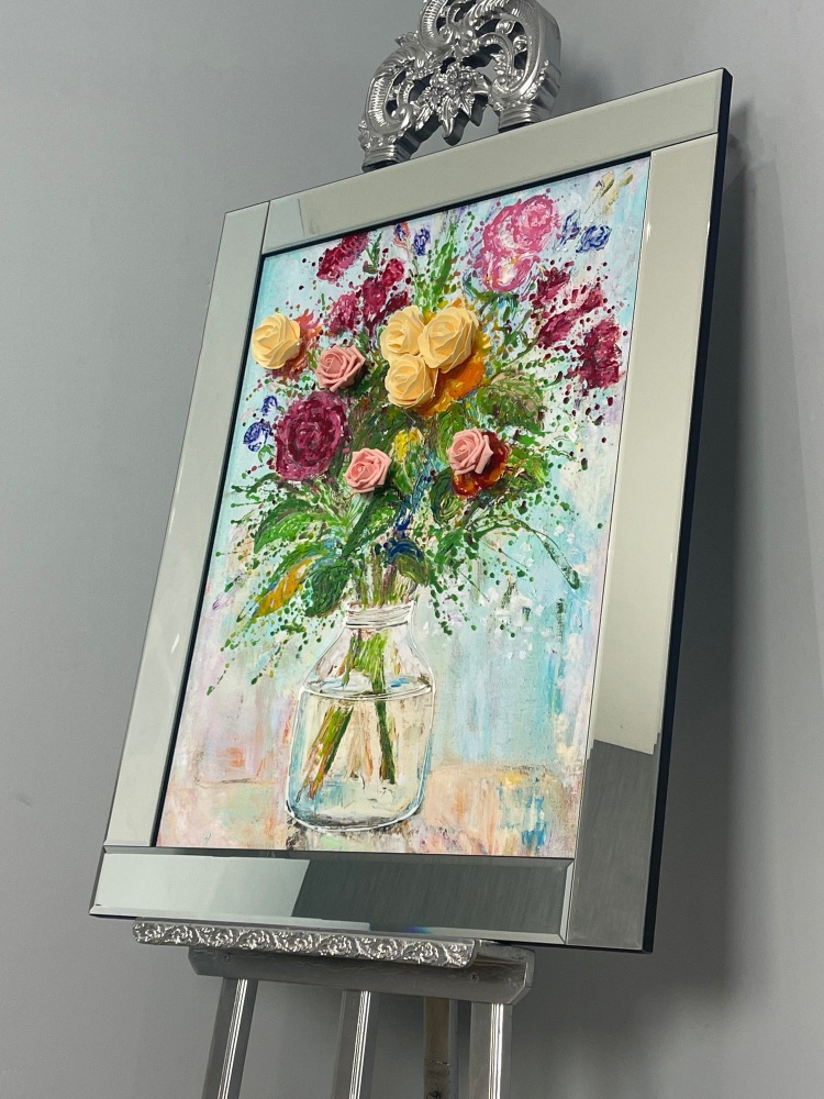 3D Flower Wall art (a) in a mirrored frame 95cm x 75cm