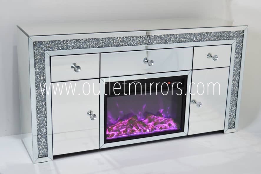 # Diamond Crush Sparkle Mirrored Sideboard 150cm - 2 Door 3 draw  with electric multi colour  fire - IN STOCK