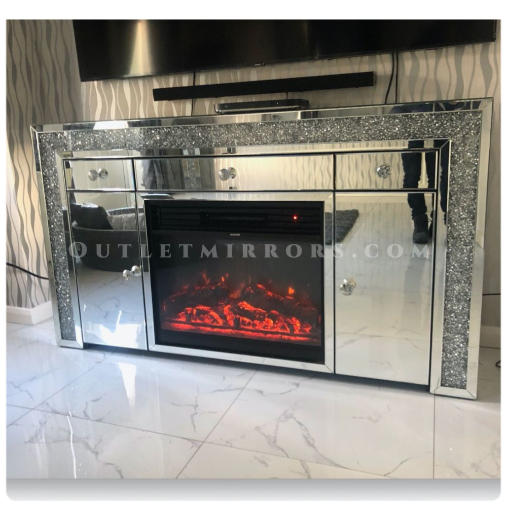 # Diamond Crush Sparkle Mirrored Sideboard 150cm - 2 Door 3 draw  with electric multi colour  fire - IN STOCK
