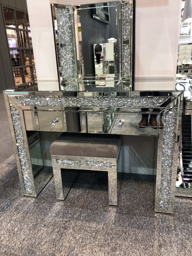 * Package Deal Diamond Crush Crystal Monica Mirrored Dressing Table / Console, stool and tri fold mirror  package deal