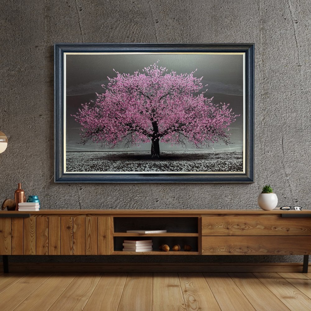 Cherry Tree in Pink 168cm x 114cm  in a dark grey black and champagne frame trim frame