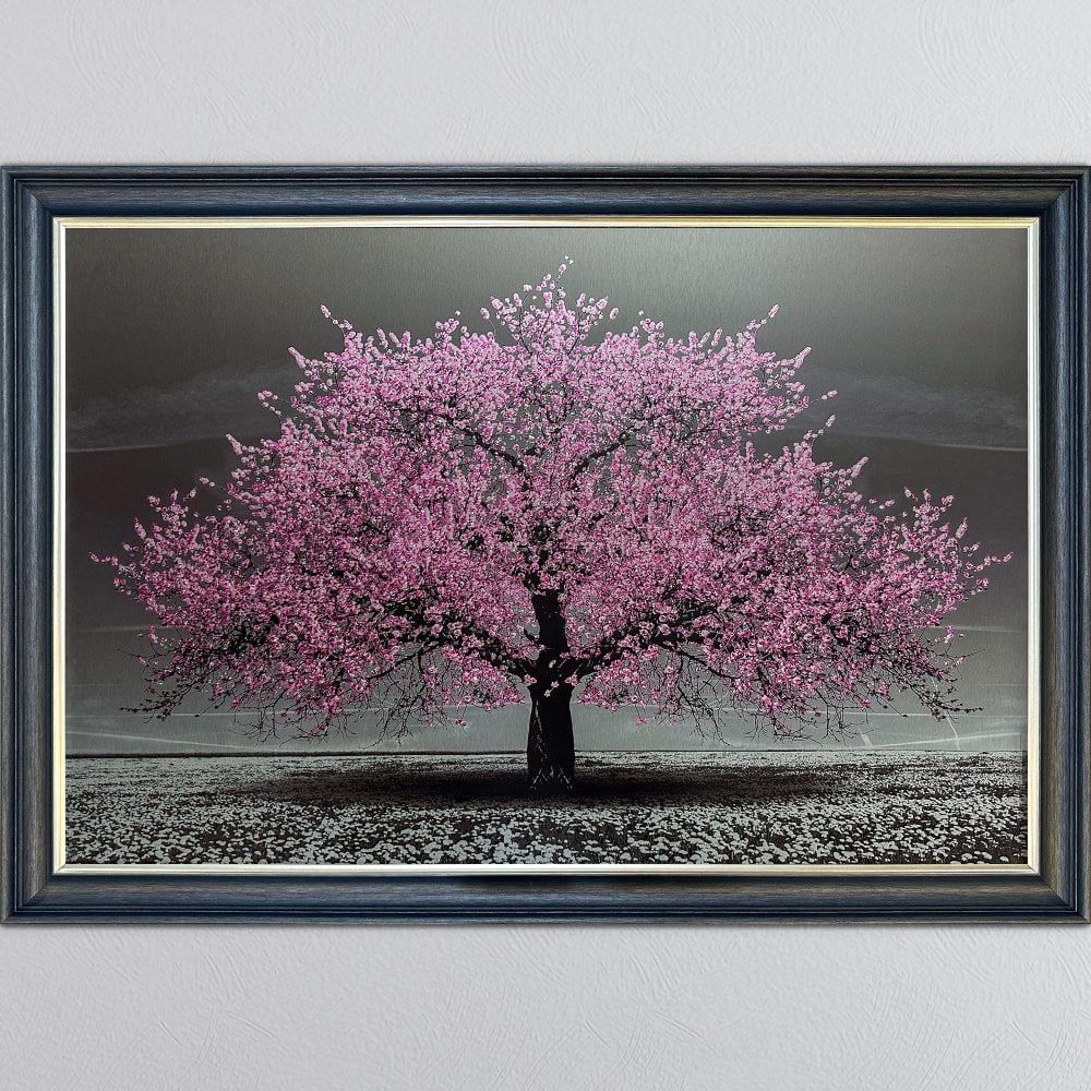 Cherry Tree in Pink 168cm x 114cm  in a dark grey black and champagne frame