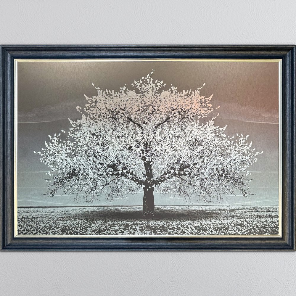 Cherry Tree in White 168cm x 114cm  in a dark grey black and champagne fram