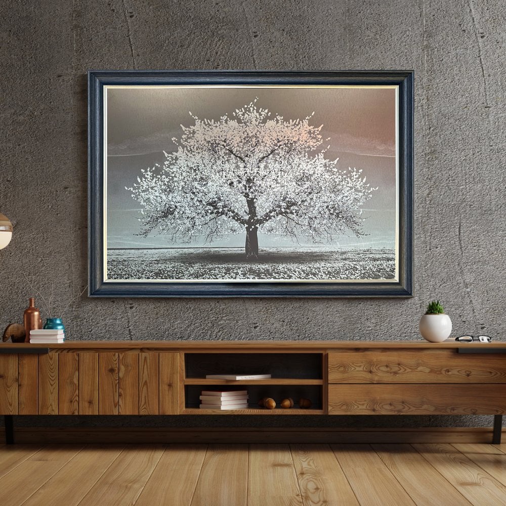 Cherry Tree in White 168cm x 114cm  in a dark grey black and champagne frame trim frame
