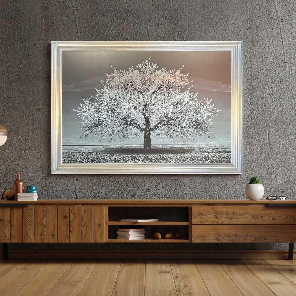 Cherry Tree in White 168cm x 114cm  in a Silver  frame