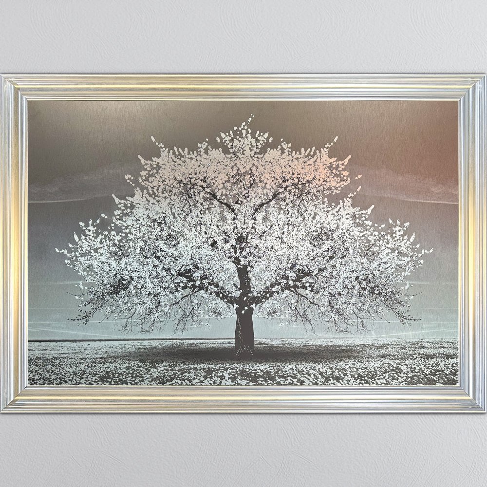 Cherry Tree in White 168cm x 114cm  in a Silver  frame
