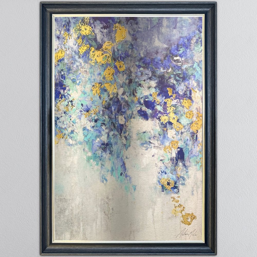 Blooming Blue  On an  Aluminium Panel Wall Art in a dark grey black and champagne frame trim frame