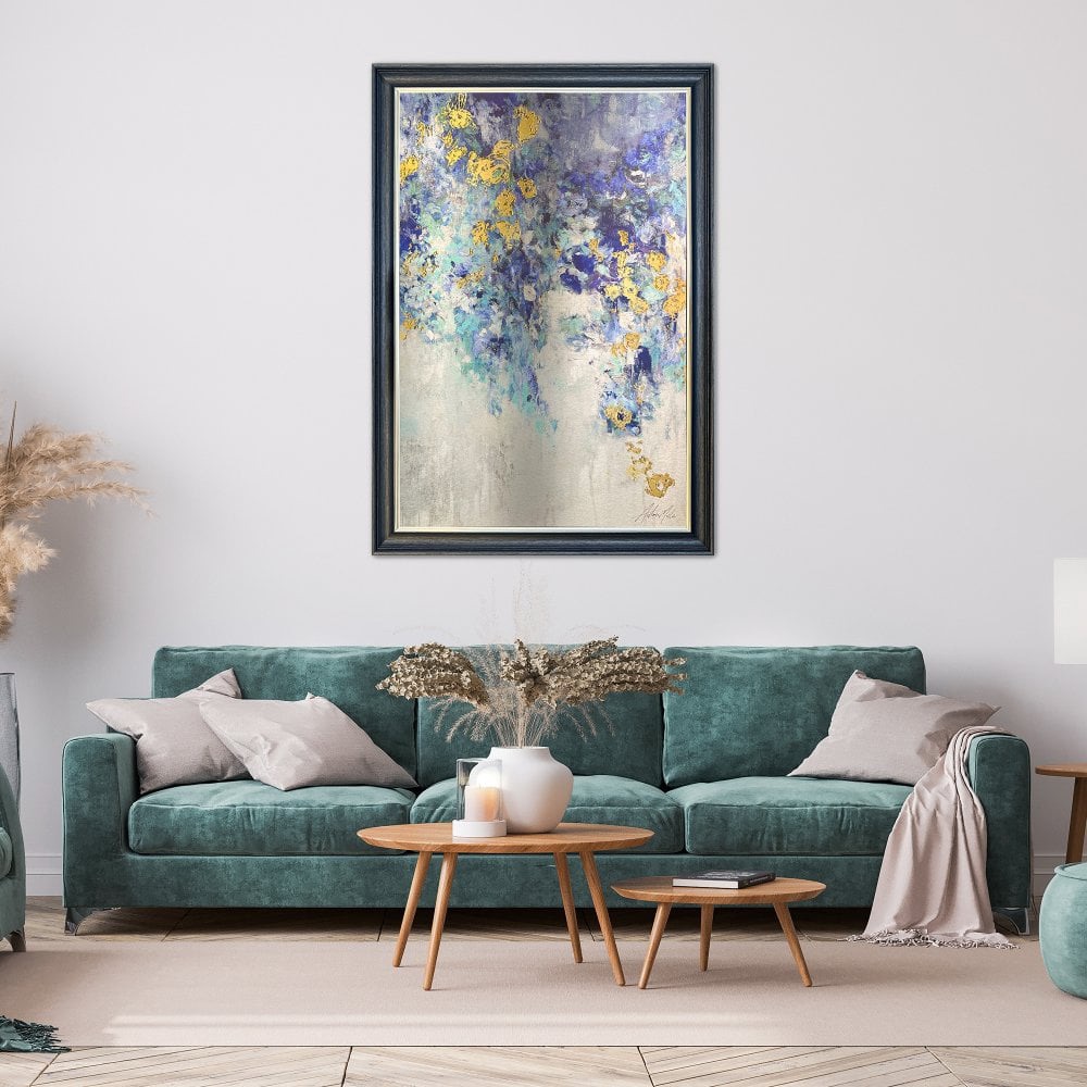 Blooming Blue  On an  Aluminium Panel Wall Art in a dark grey black and champagne frame trim frame