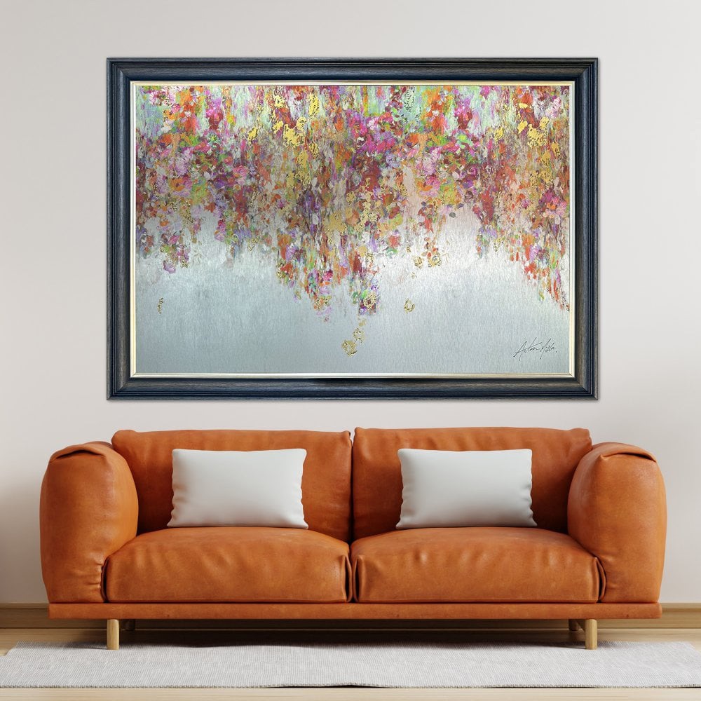 Blooming Blossom on Aluminium Panel Wall Art in a dark grey black and champagne frame trim frame