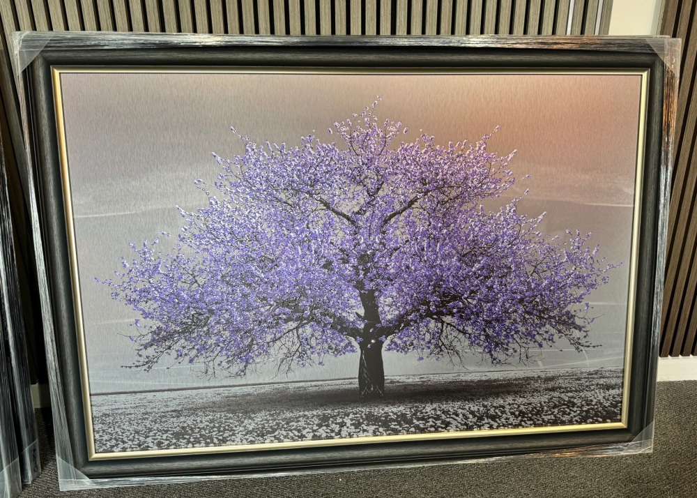 Cherry Tree in Purple 168cm x 114cm  in a dark grey black and champagne frame trim frame