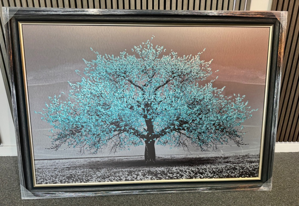 Cherry Tree in Turquoise 168cm x 114cm  in a dark grey black and champagne frame trim frame