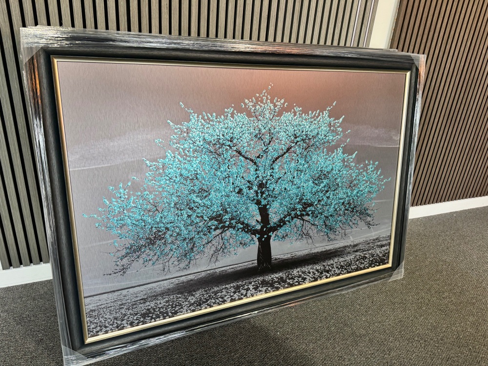 Cherry Tree in Turquoise 168cm x 114cm  in a dark grey black and champagne frame trim frame
