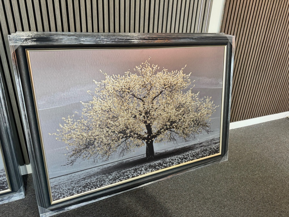 Cherry Tree in Light Gold 168cm x 114cm  in a dark grey black and champagne frame trim frame