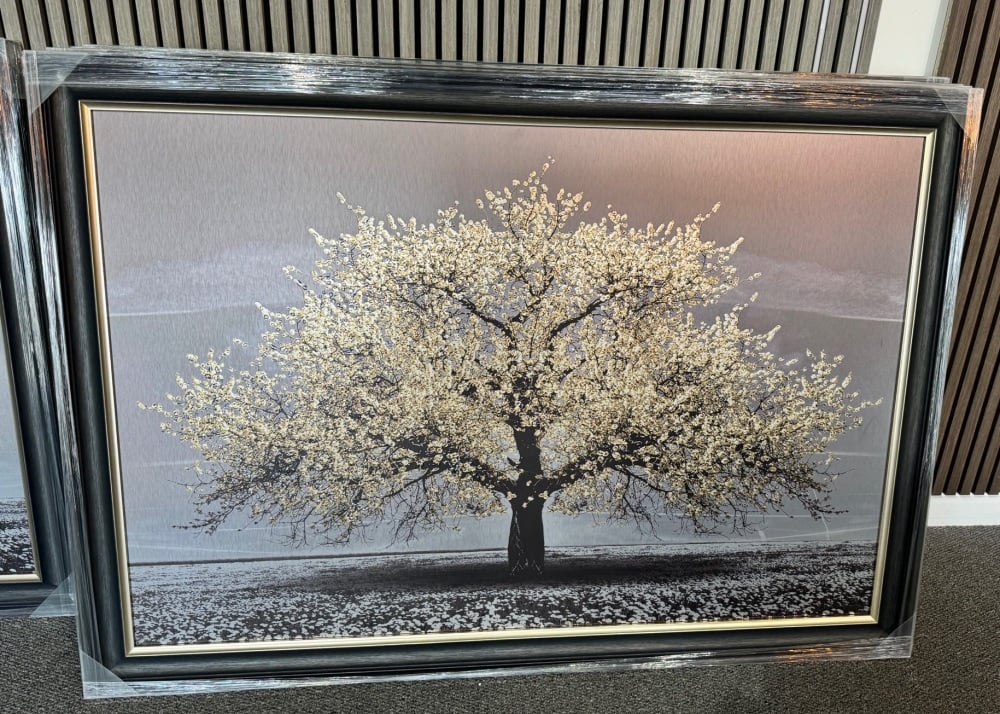 Cherry Tree in Light Gold 168cm x 114cm  in a dark grey black and champagne frame trim frame