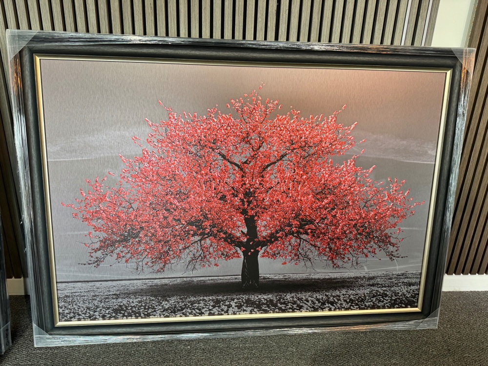 Cherry Tree Red 168cm x 114cm  in a dark grey black and champagne frame tri