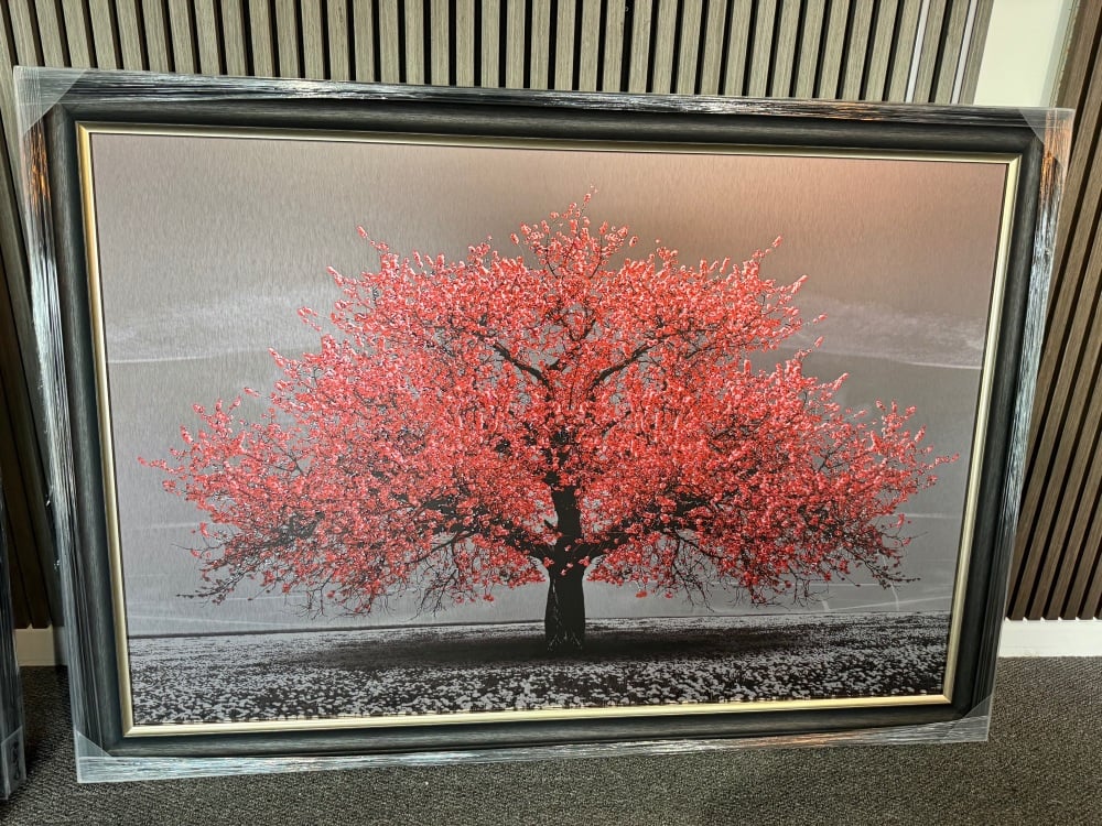 Cherry Tree Red 168cm x 114cm  in a dark grey black and champagne frame trim frame
