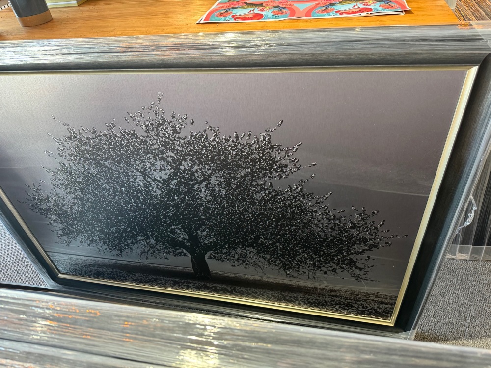 Cherry Tree in Black 168cm x 114cm  in a dark grey black and champagne frame trim frame