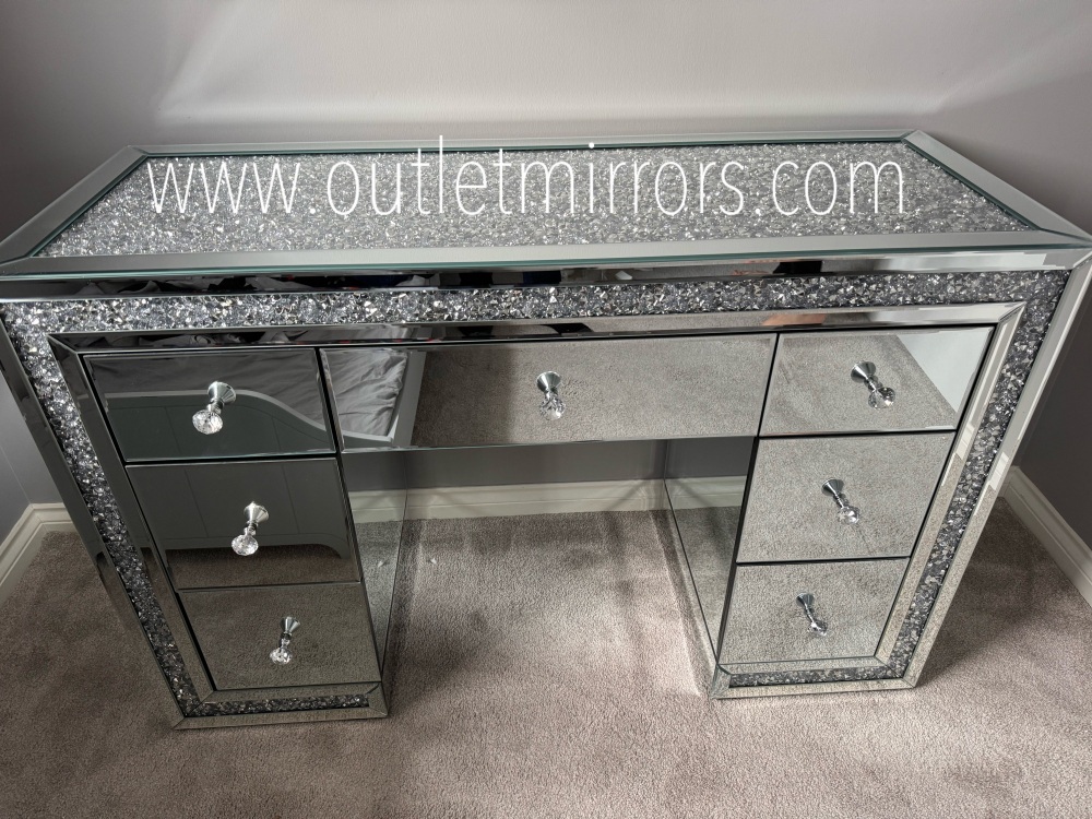 * Monica Diamond Crush Mirrored 7 Draw Dressing Table with a Diamond crush Top  & Mirrored Stool- IN STOCK