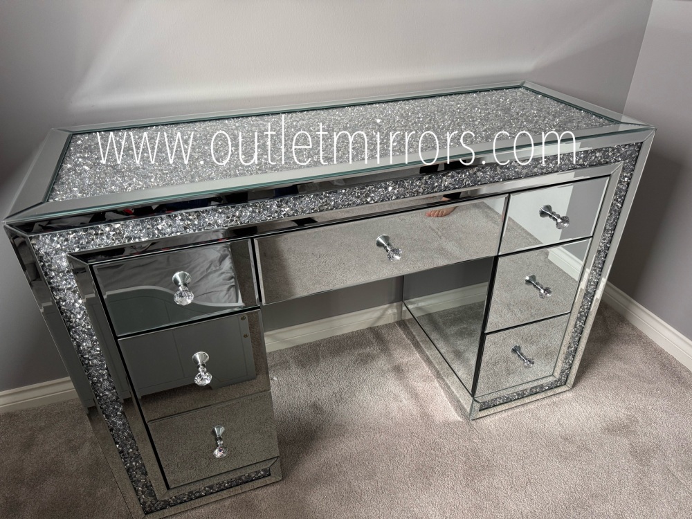 * Monica Diamond Crush Mirrored 7 Draw Dressing Table with a Diamond crush Top - Stool & Tri fold Mirror