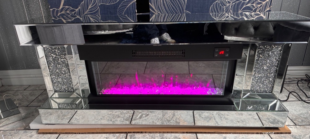 # Diamond Crush Sparkle Wall Mounted Mirrored Fire Surround with Multi colour  Changing Flame Effect Fire - Sold out until August