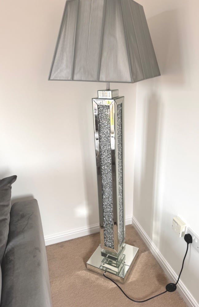 ^Diamond Crush Crystal Sparkle Mirrored Tall Floor Lamp grey shade 30.5cm x 142cm