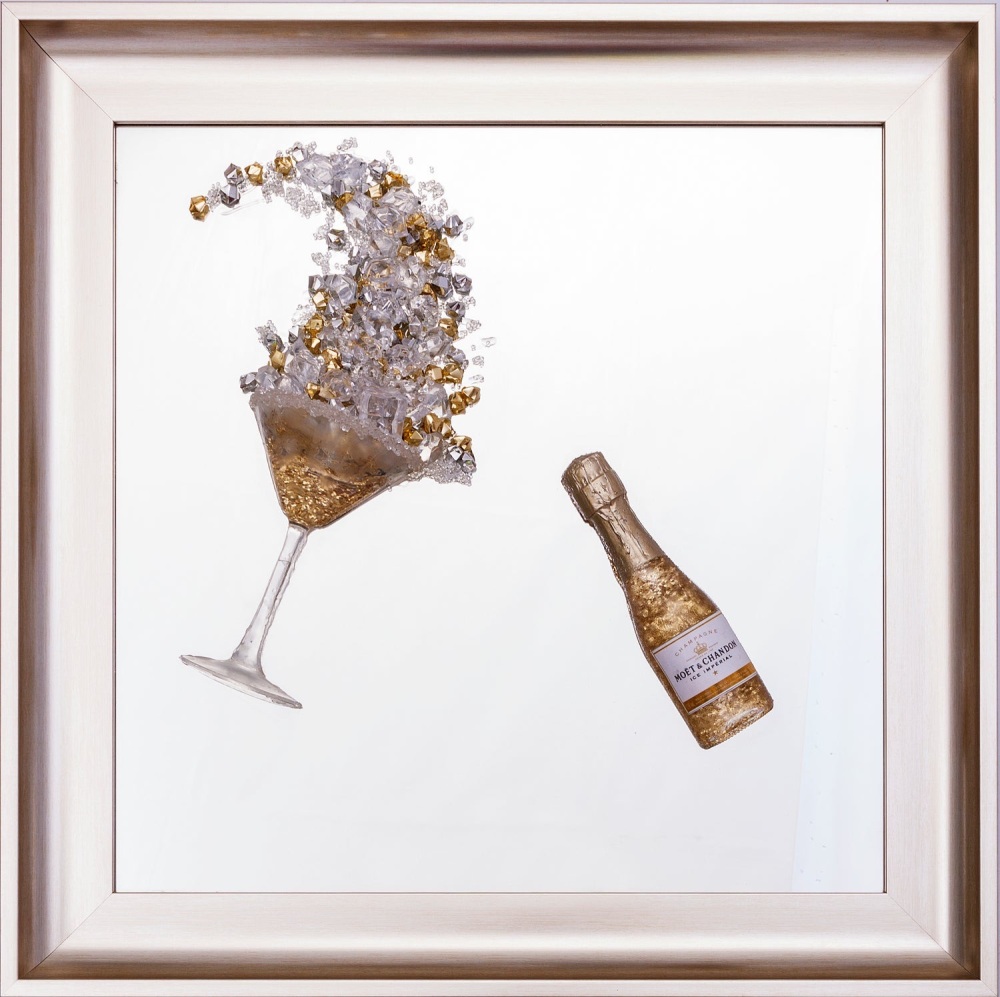 3D Champagne celebration Gold wall art on a Silver mirror in a Brushed silver gold frame 