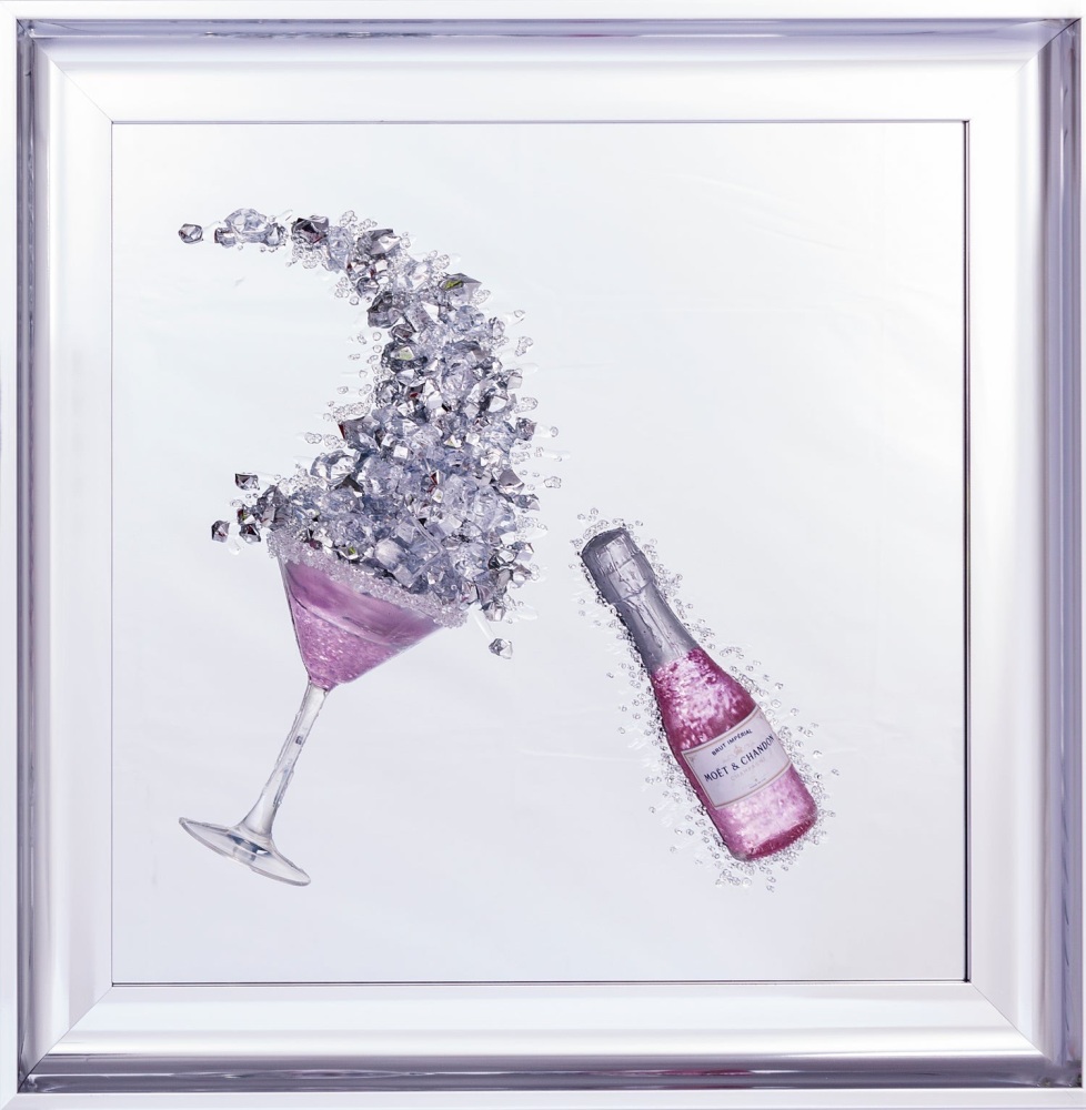 3D Champagne celebration Pink wall art on a Silver mirror in silver stepped frame in