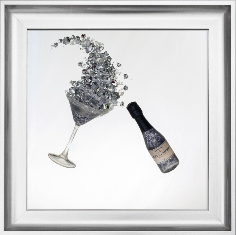 3D Champagne celebration Silver  wall art on a Silver mirror in silver stepped frame