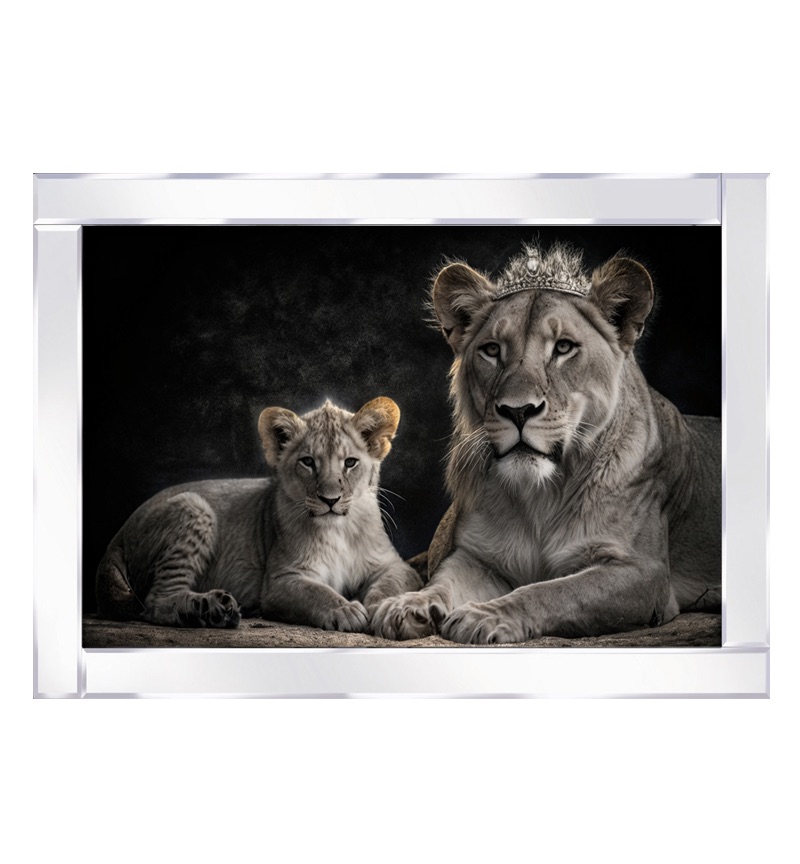Mirror framed art print "Regal lioness adorned with a crown lovingly guards her cub" 100cm x 60cm