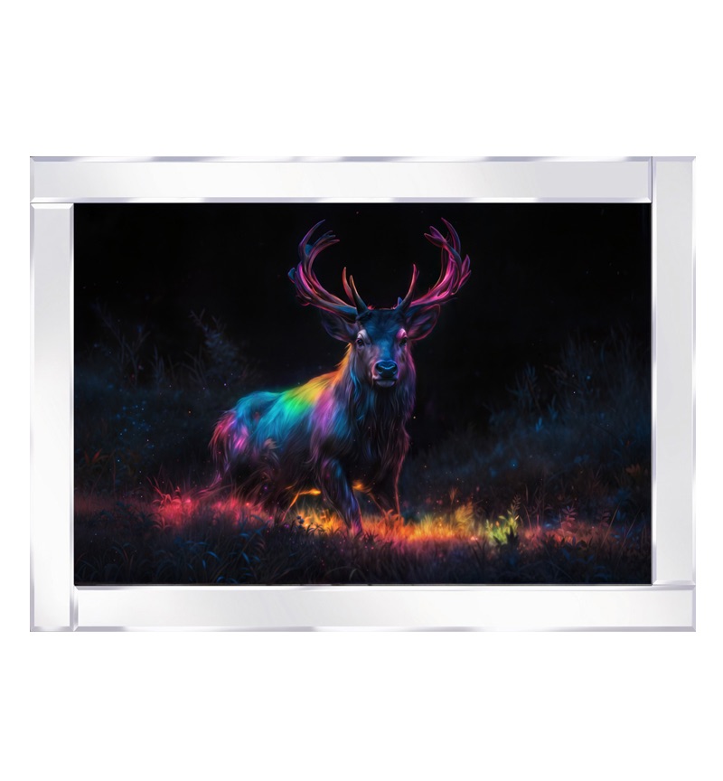 Mirror framed art print "Multi coloured stag stands alone in a mystical serene night forest" 100cm x 60cm