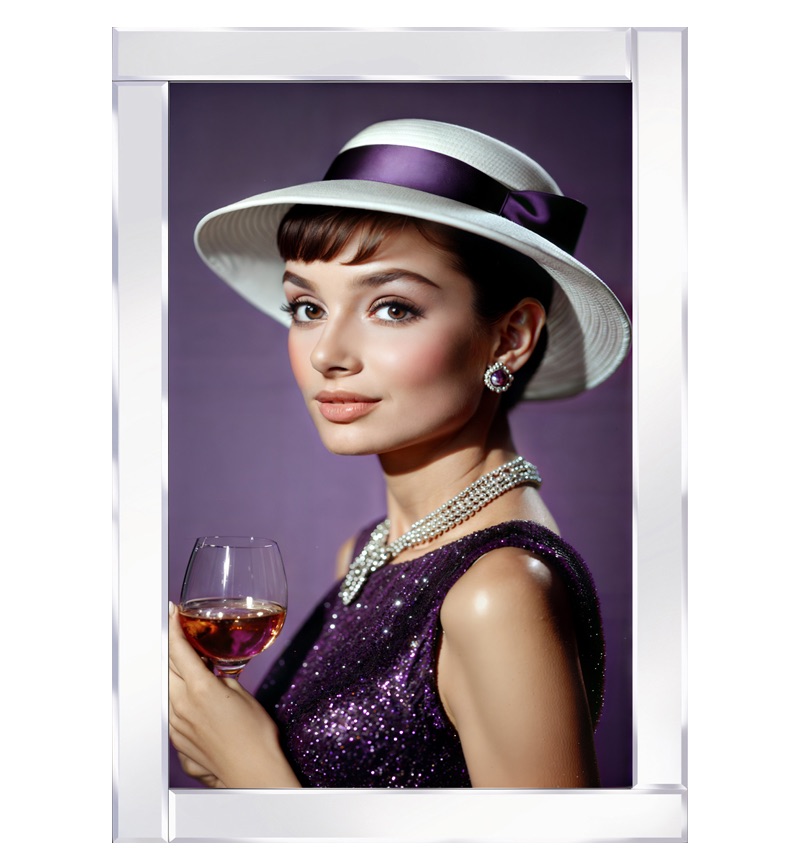 Mirror framed Audrey Hepburn exudes elegance in a purple dress, hat, holding wine glass